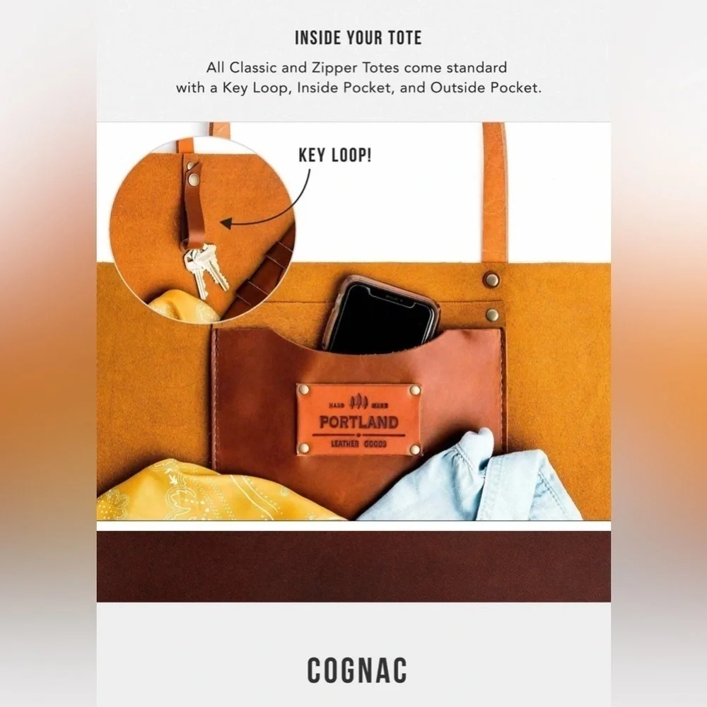 Portland  hand made Leather Medium Classic Tote in Cognac - Picture 3 of 13